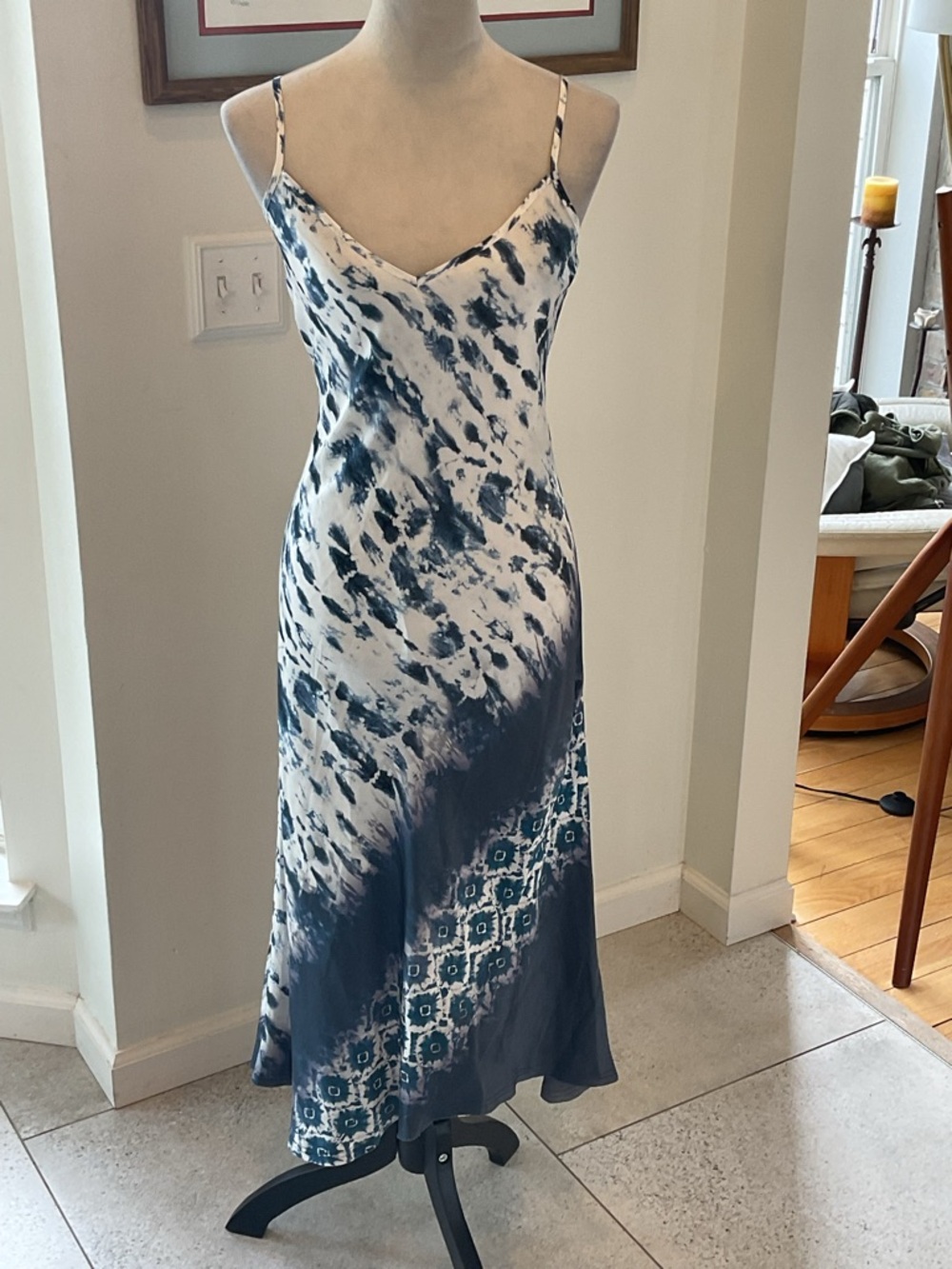 GO BY GO SILK Blue and White Tie-Dye Slip Maxi Dress